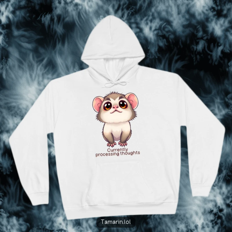 Funny tamarin hoodie depicting a wide-eyed, curious monkey looking up, perfect for cozying up and sharing a laugh.