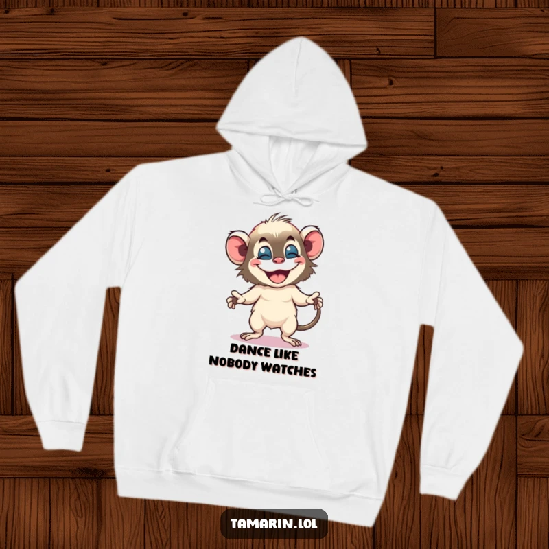 Funny tamarin hoodie captures a small monkey energetically dancing with a massive, gleeful grin, radiating happiness.