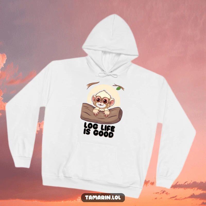 Funny hoodie featuring a curious tamarin monkey peeking out of a log, offering warmth and a touch of playful animal charm.