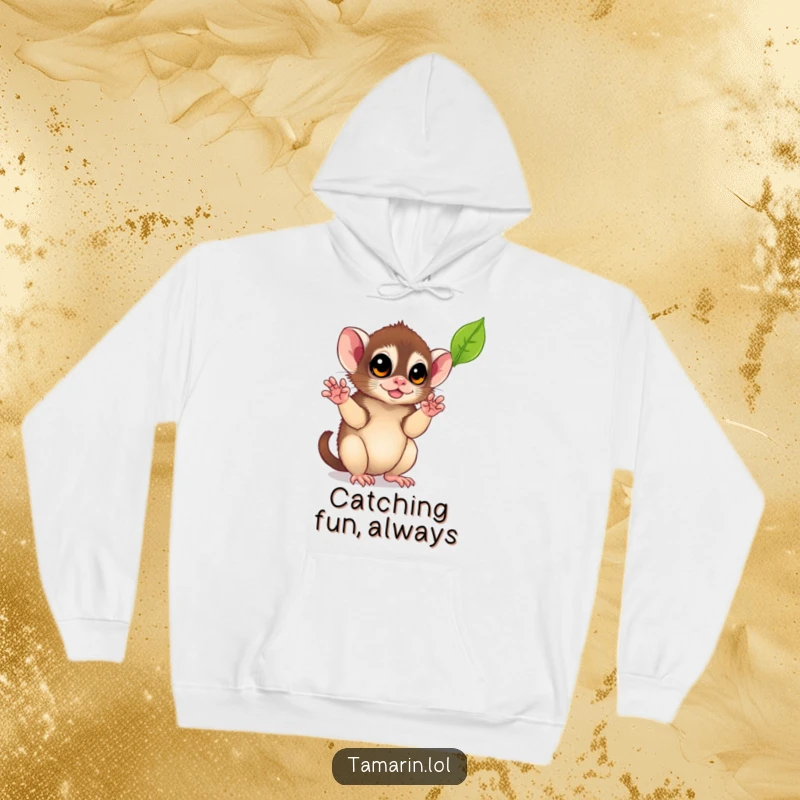 Funny Leaf-Catching Tamarin Hoodie: A warm and cuddly sweatshirt featuring a monkey reaching for a leaf, embodying a sweet, playful nature.