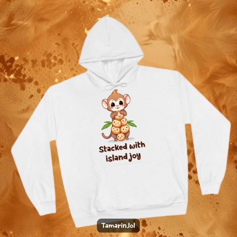 Funny Tamarin Coconut Balance Hoodie showing a tamarin monkey precariously balancing smiling coconuts.