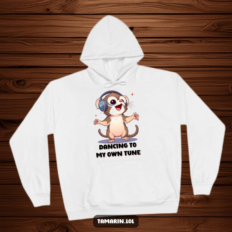 Funny tamarin hoodie: a cozy hoodie featuring a monkey with large headphones grooving to music with pure delight, perfect for music enthusiasts.