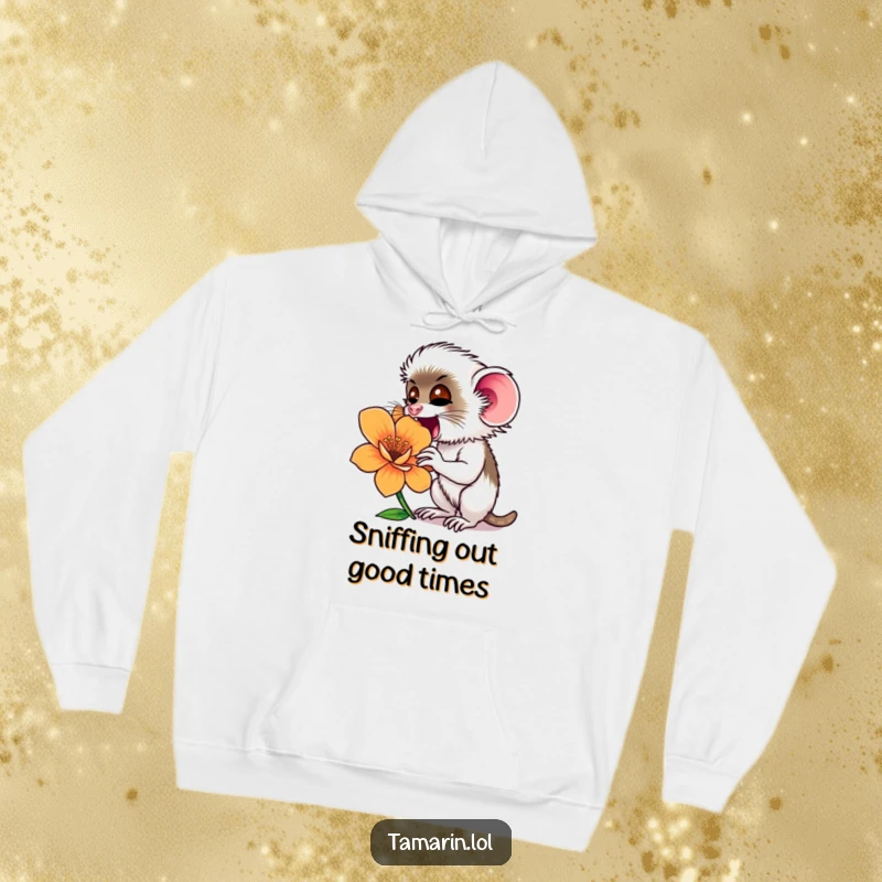 Funny tamarin monkey engrossed in sniffing a giant, colorful flower, depicted on a soft and warm hoodie.