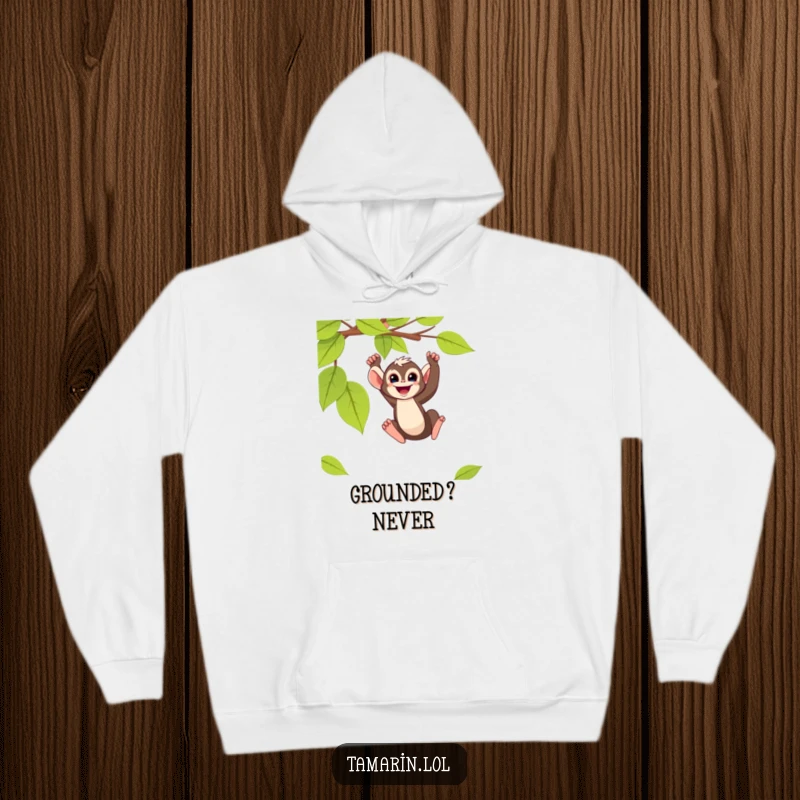 Funny tamarin monkey hoodie featuring a smiling primate joyfully swinging from a vine, a symbol of adventurous fun.