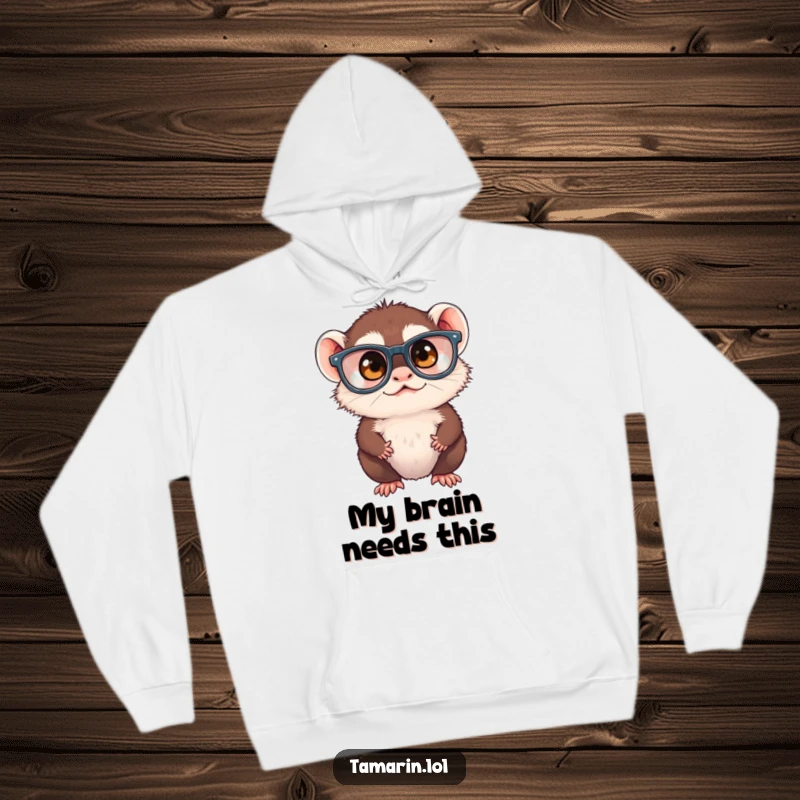 Funny tamarin monkey in oversized glasses, squinting thoughtfully, on a warm, cozy hoodie, ideal for chilly days and humorous moments.