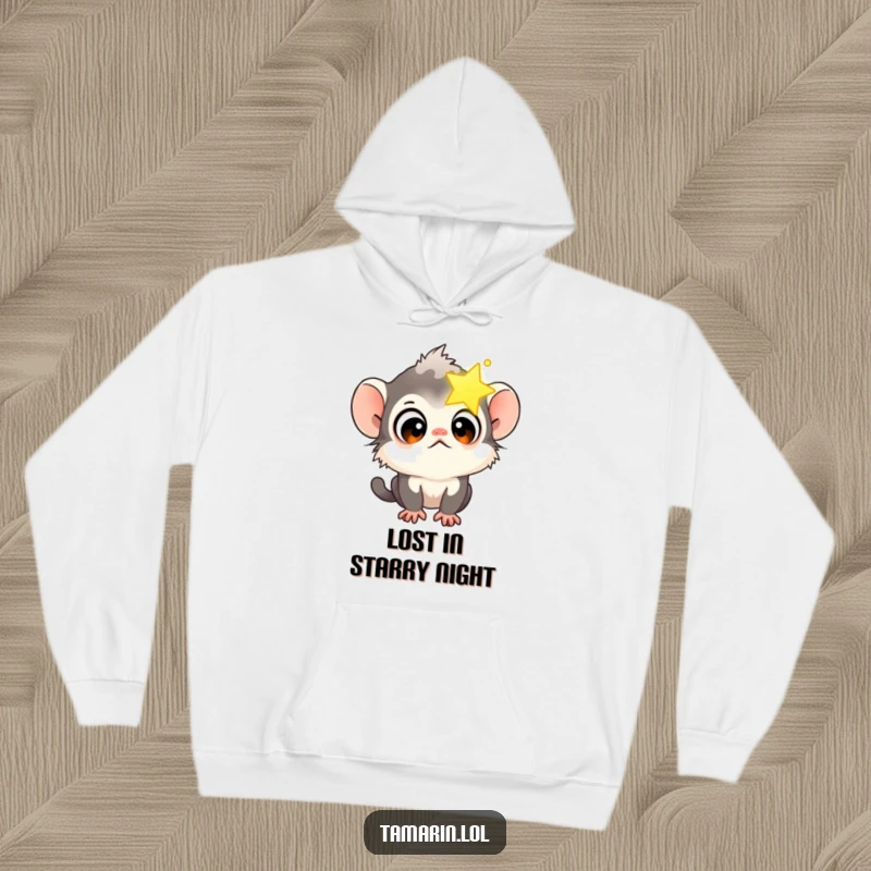 Funny Tamarin Star Gazer Hoodie showing a wide-eyed tamarin monkey peeking into a luminous star.