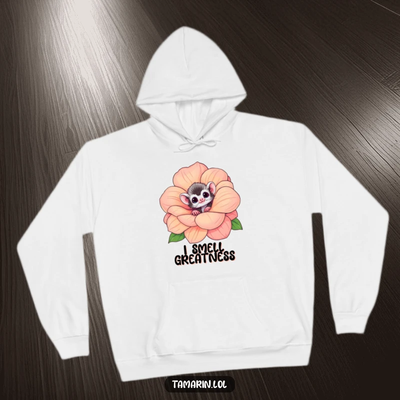 Funny tamarin hoodie featuring a cute monkey peeking curiously from a giant, sweet flower, offering warmth and humor.