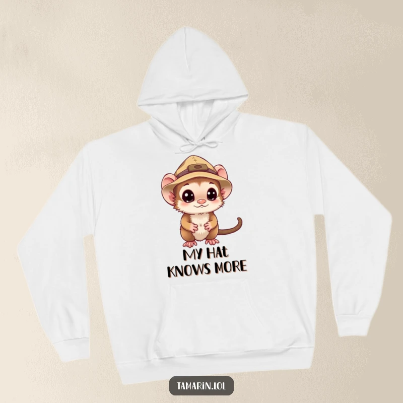 Funny tamarin hoodie with a curious monkey in an explorer hat, ready for humorous adventures and cozy exploration.