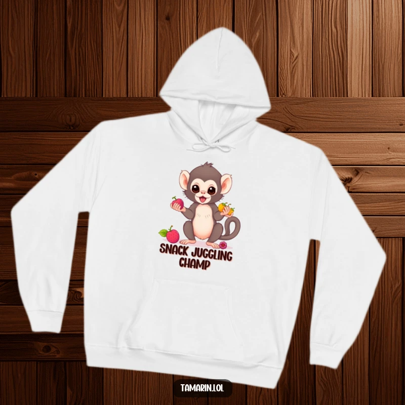 Funny tamarin monkey hoodie depicting a cute primate juggling berries, combining warmth with whimsical juggling action.