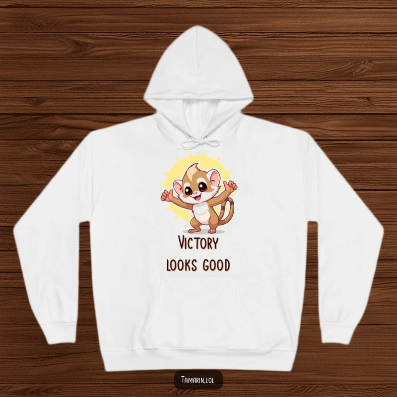 Funny tamarin hoodie featuring a victorious monkey in a celebratory pose against a vibrant sunny backdrop, designed for ultimate comfort and humor.