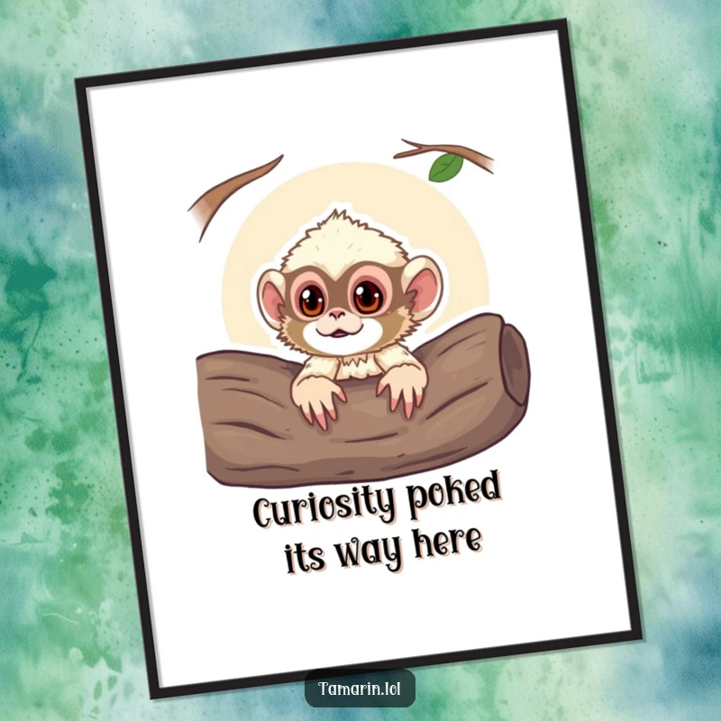 Funny Free Printable Wall Art of a curious tamarin monkey poking its head out from a log, adding jungle charm.