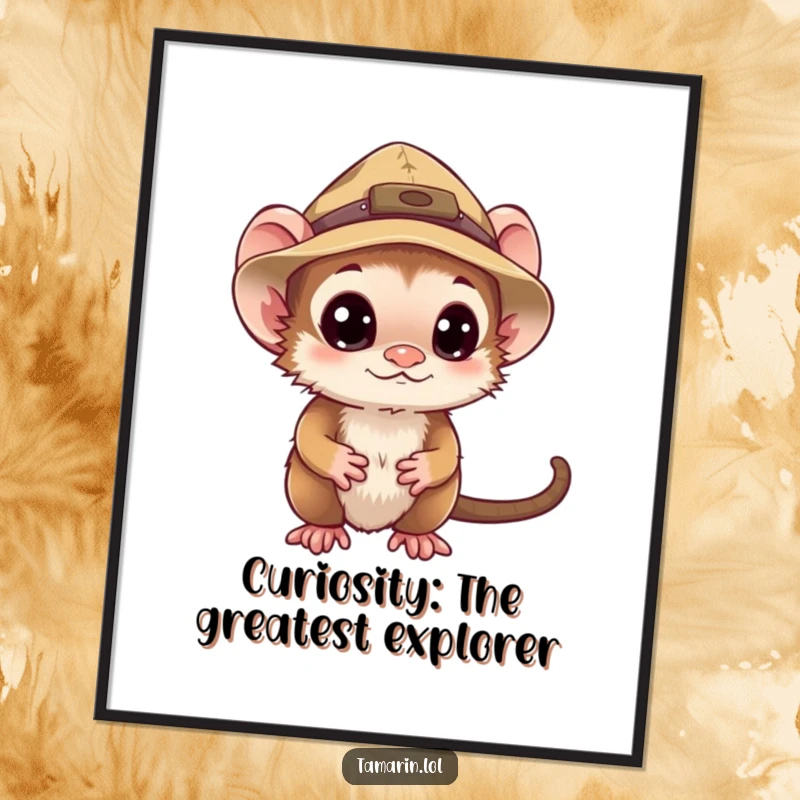 Funny Free Printable Tamarin Wall Art: A tamarin in a tiny explorer hat, looking around with curiosity.