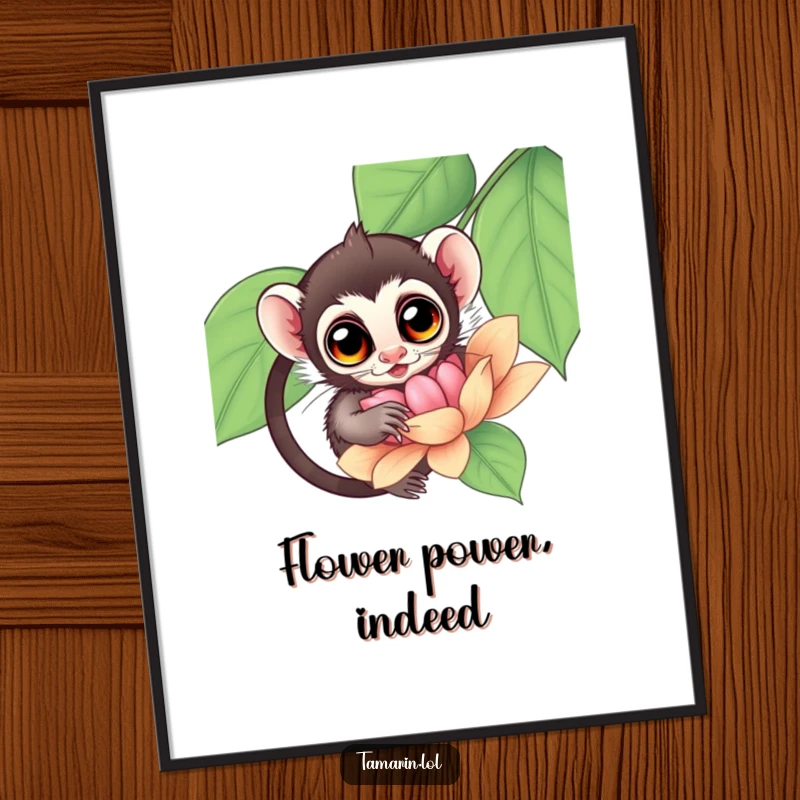 Funny Free Printable Wall Art: Tamarin monkey with wide, curious eyes gently exploring the wonders within a giant, colorful exotic flower.