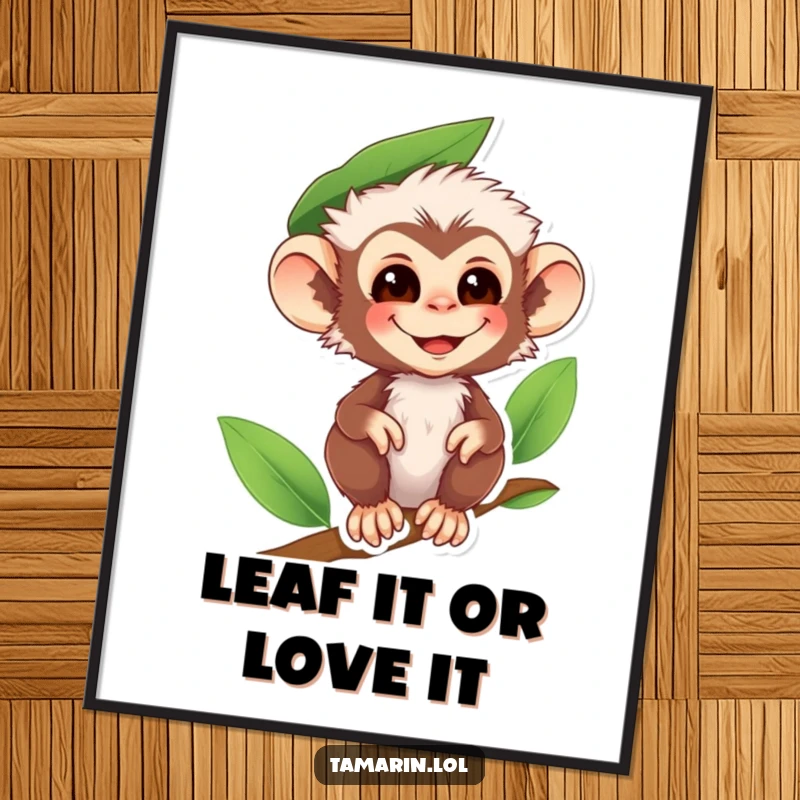 Funny Free Printable Wall Art: A smiling tamarin monkey wears a large green leaf as a quirky, fashionable hat.