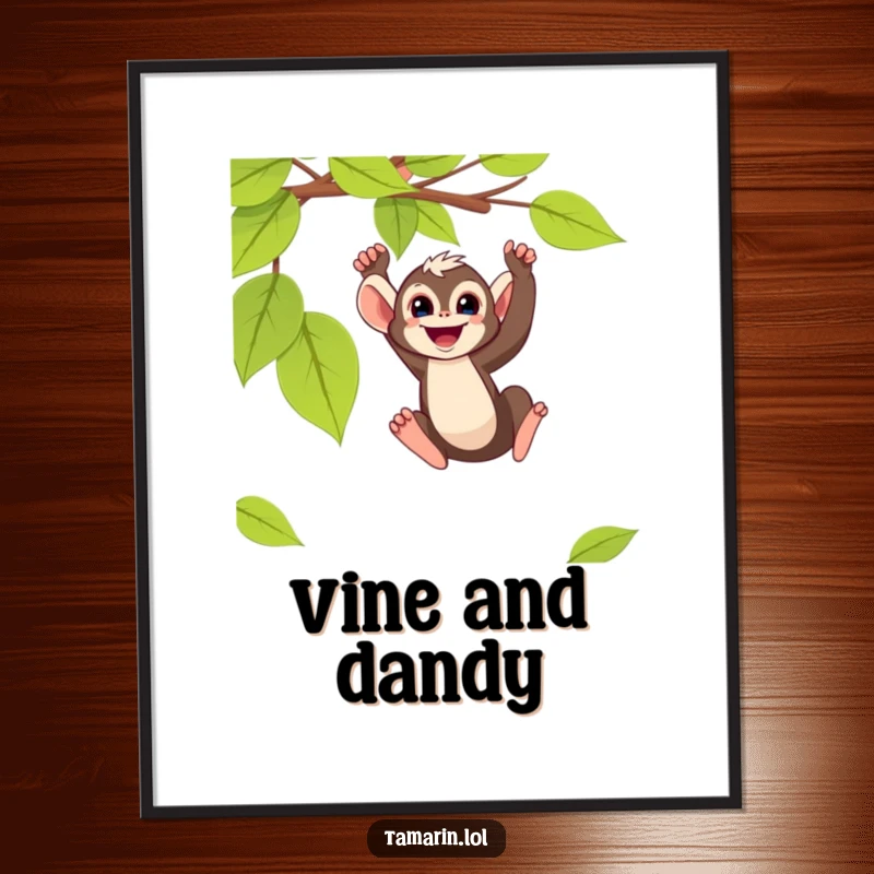 Funny Free Printable Wall Art: A small tamarin monkey joyfully swings from a vine, bringing wild energy to your decor.