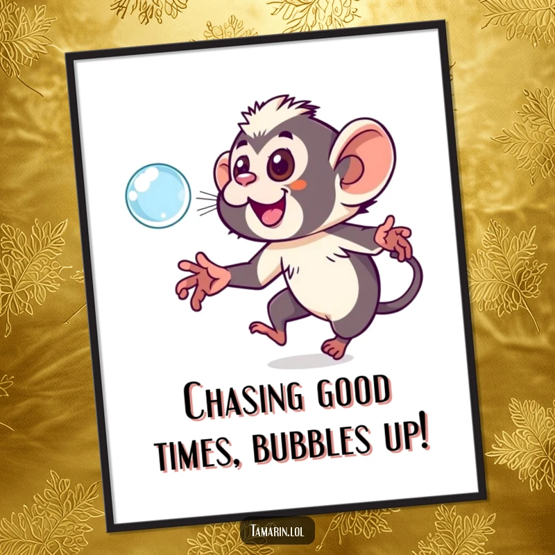 Funny Free Printable Wall Art: Playful tamarin chasing a sparkling bubble with glee, downloadable art for happy interiors.