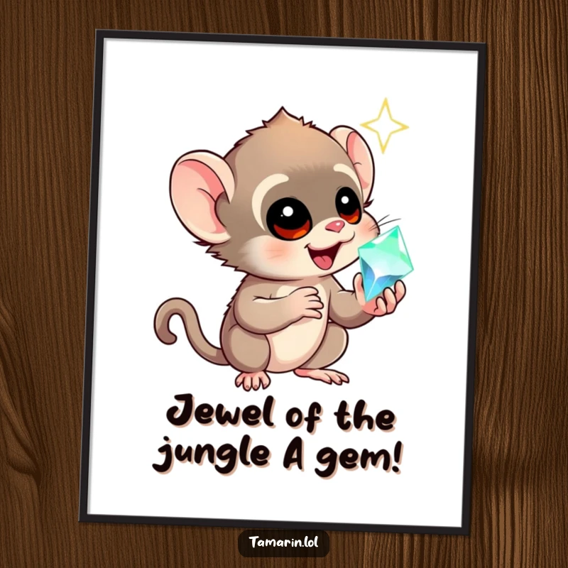 Funny Free Printable Tamarin Wall Art: A tamarin character mesmerized by the shine of a huge, sparkling gem.
