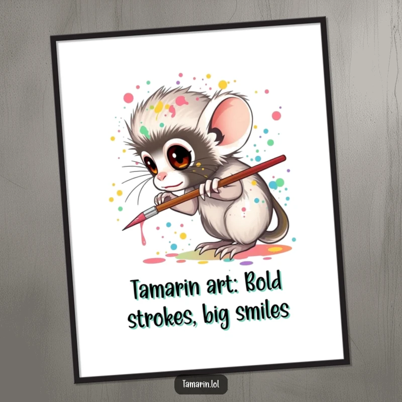 Funny Free Printable Wall Art: a tamarin with artistic flair, splattering bright, colorful paint from a tiny brush, creating abstract joy.