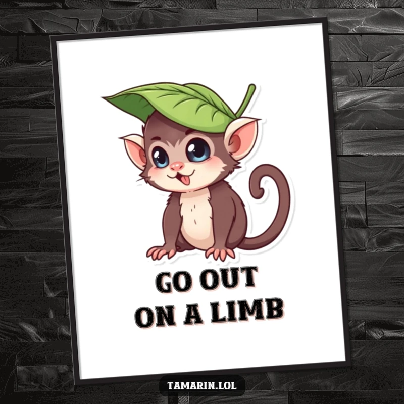 Funny Free Printable Wall Art: Mischievous tamarin wearing a leaf hat, playful expression, whimsical jungle vibe.