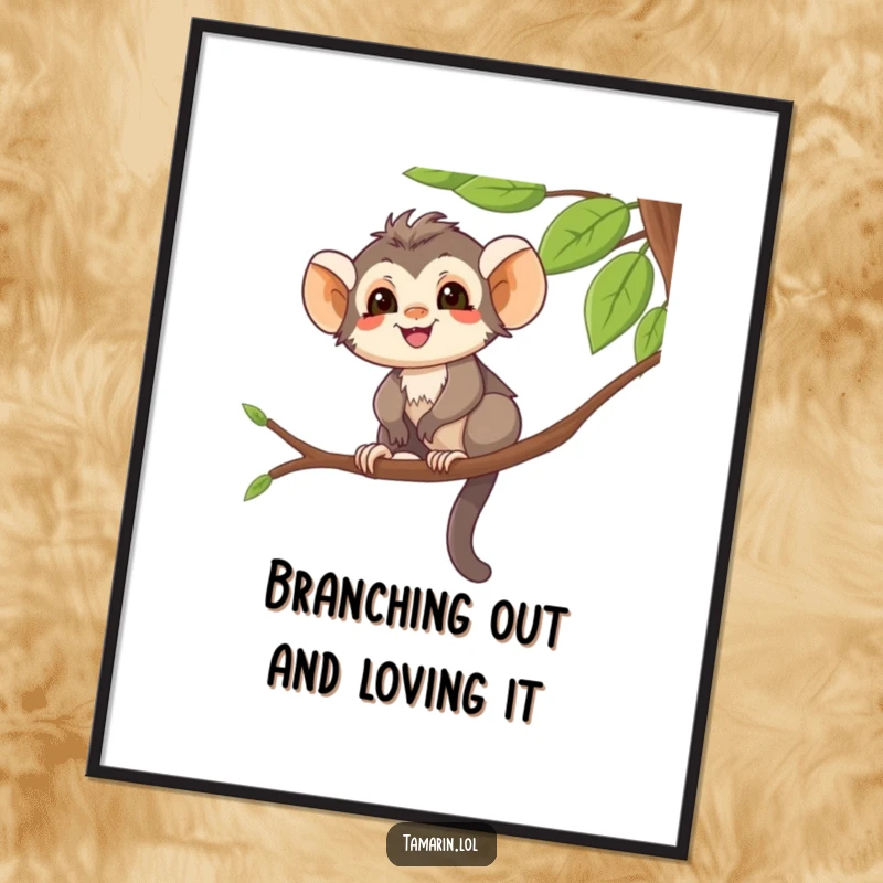 Funny Free Printable Wall Art: Smiling Tamarin Character Balancing on Tree Branch