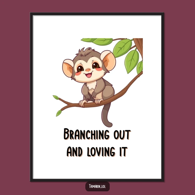 Free Printable Wall Art: Smiling Tamarin on Branch - Funny Downloadable Home Decor