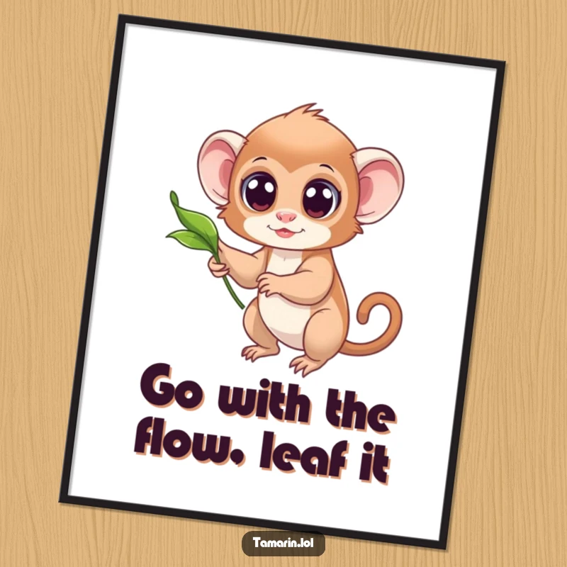 Funny Free Printable Wall Art showing a tamarin with large, curious eyes reaching out towards a solitary, gently floating leaf.