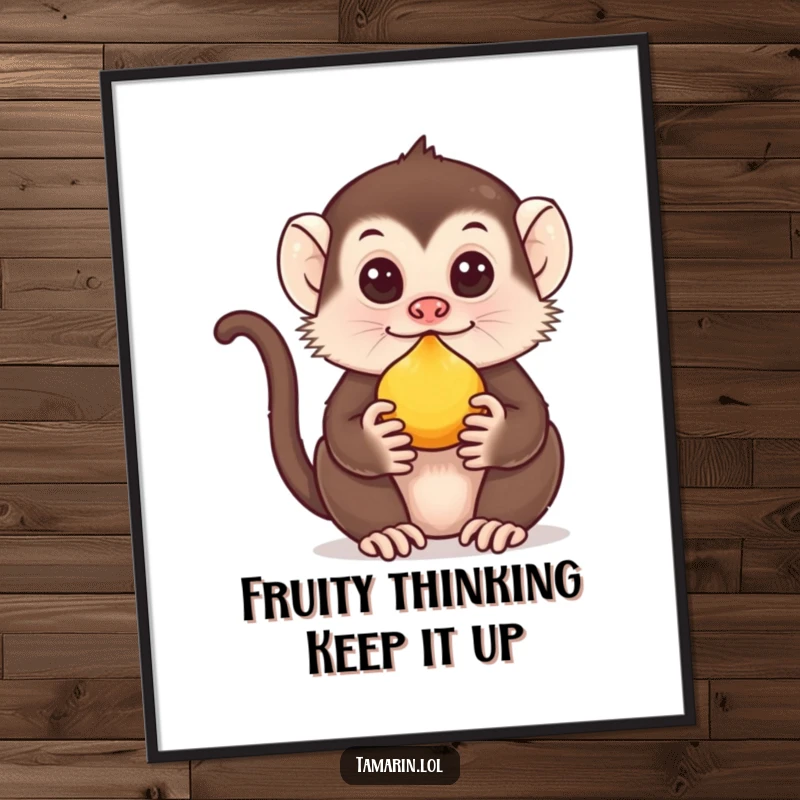 Funny free printable tamarin monkey balancing a small fruit on its nose, whimsical wall art