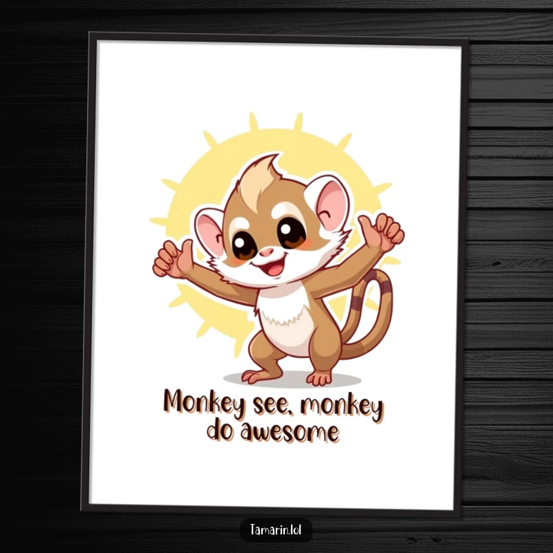 Funny Free Printable Wall Art of a triumphant tamarin striking a celebratory pose with a bright, sunny background.