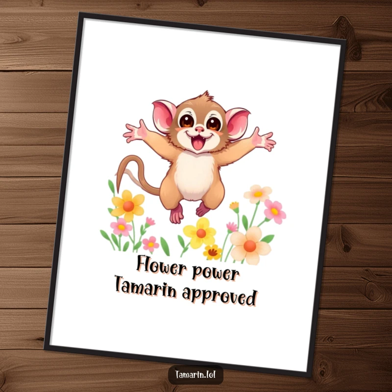Funny Free Printable Wall Art: A joyful tamarin mid-leap, arms outstretched, surrounded by a dense, colorful flower garden.