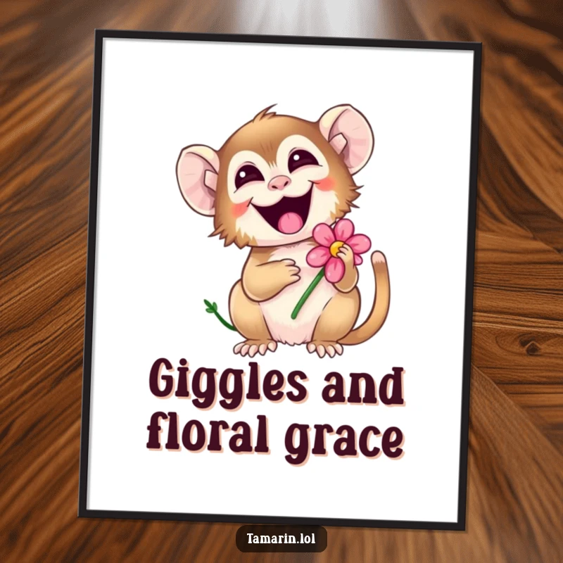 Funny Free Printable Wall Art: A tamarin giggling joyfully while holding a flower, adding a whimsical touch to your decor. Downloadable.