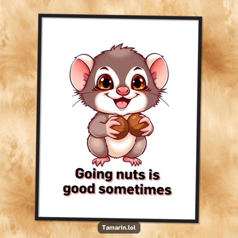 Funny free printable tamarin monkey with a mischievous grin holding nuts, playful wall art