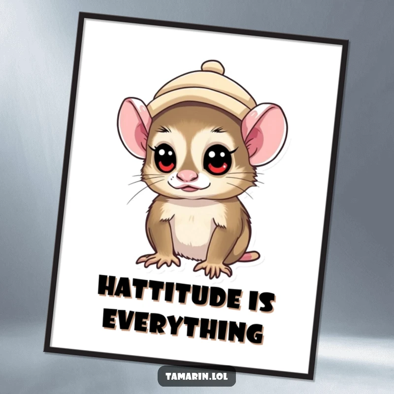 Funny Free Printable Tamarin Wall Art: Tamarin wearing a small hat, looking around with wide, curious eyes.