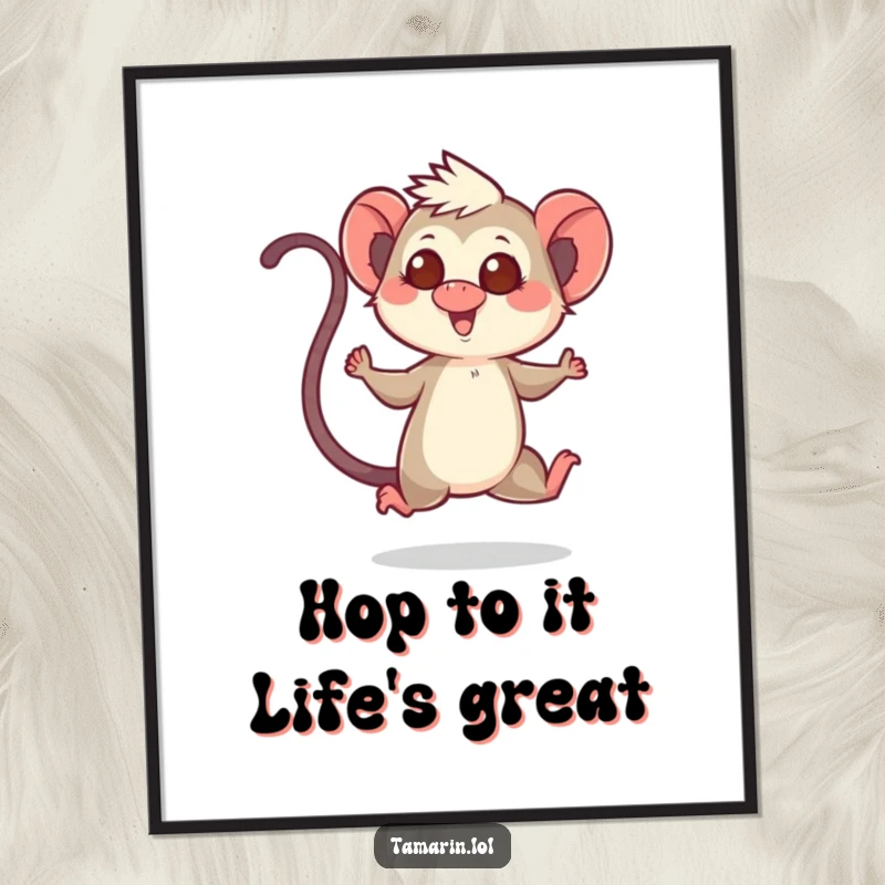 Funny free printable wall art of a tamarin performing an enthusiastic hop, its long tail reaching skyward in a display of pure elation.