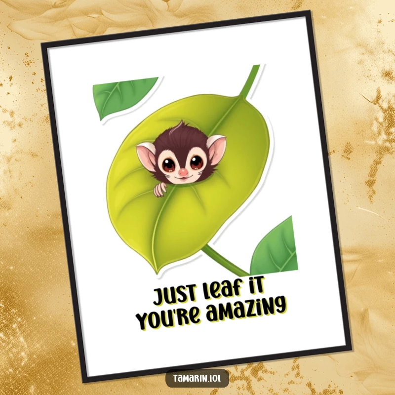 Funny Free Printable Tamarin Wall Art: A mischievous tamarin peeks from behind a vibrant leaf, bringing jungle humor to your decor.