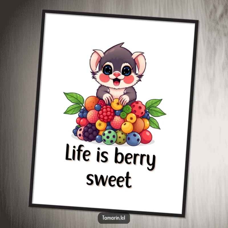 Funny Free Printable Wall Art: Tamarin monkey balancing a large, colorful pile of ripe berries with impressive dexterity and a quirky charm.