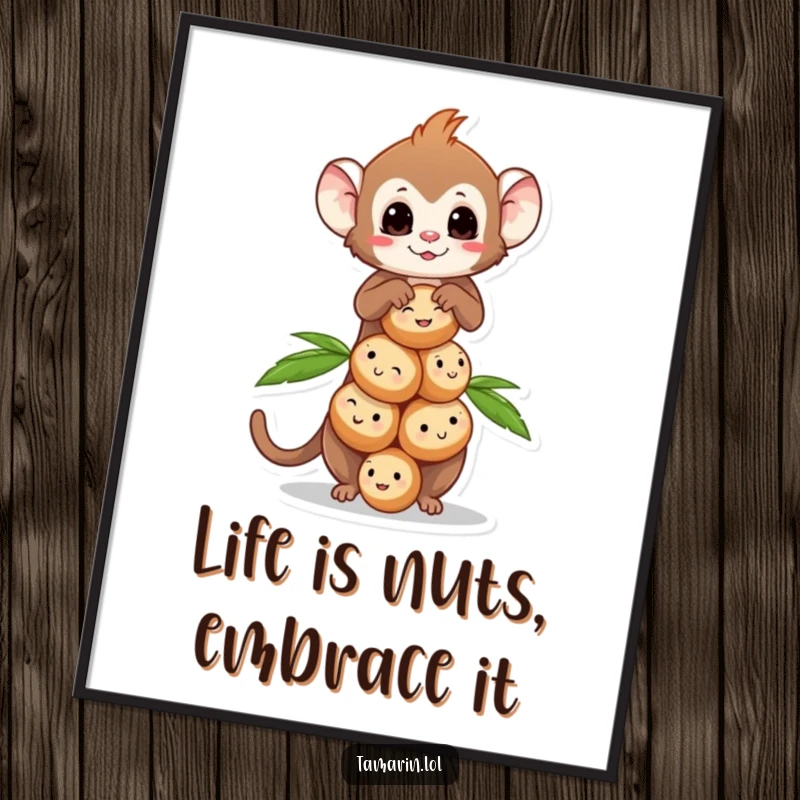 Funny Free Printable Wall Art of a tamarin character impressively balancing a stack of cheerful, smiling coconuts, perfect for tropical themes.