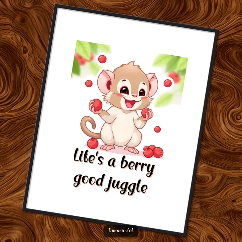Funny Free Printable Wall Art of a tamarin enthusiastically juggling a cascade of small, round berries with infectious glee.