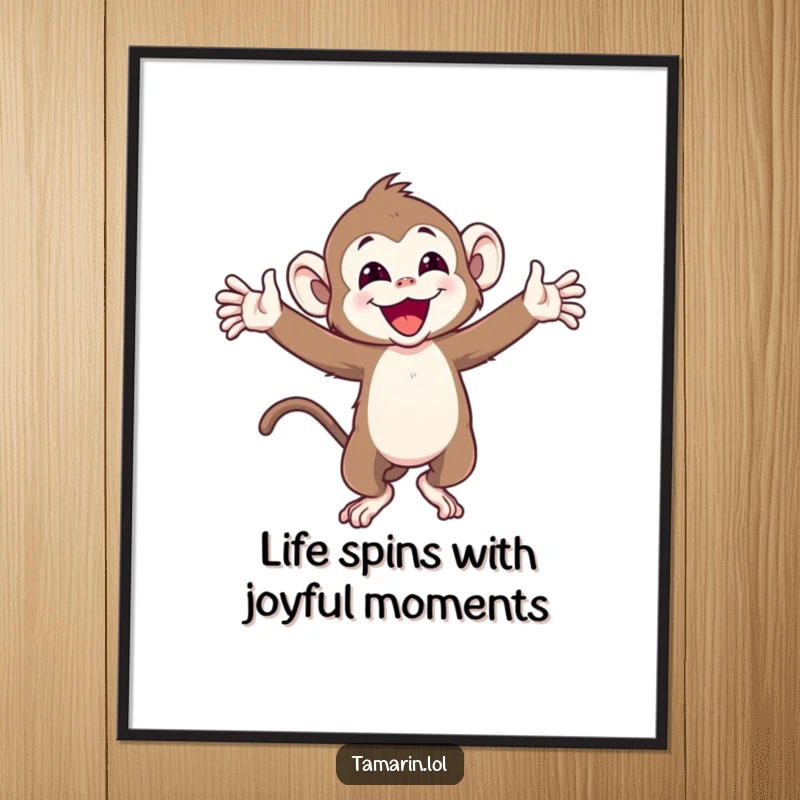 Funny Free Printable Wall Art of a joyful tamarin monkey spinning with arms wide, bringing vibrant energy indoors.