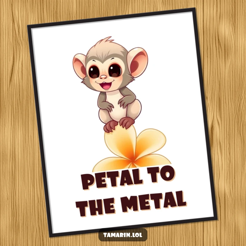 Funny Free Printable Wall Art: A happy tamarin monkey balances on a flower petal, showcasing delicate whimsicality.
