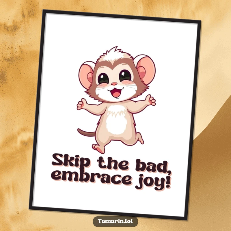 Funny Free Printable Wall Art: Tamarin character doing a happy little skip, whimsical downloadable decor.