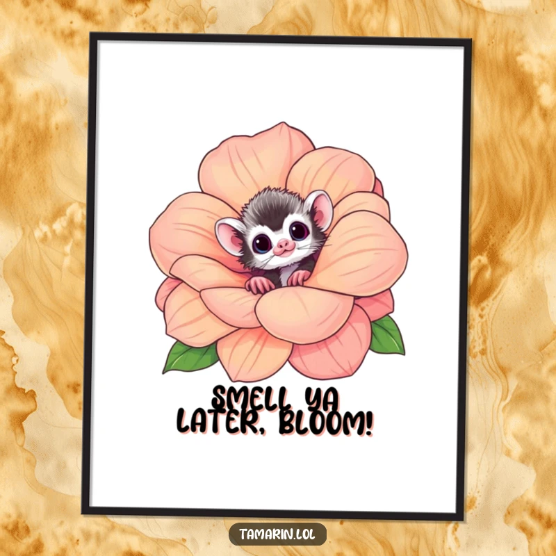 Funny Free Printable Wall Art: Curious tamarin peeking from a giant, sweet-smelling flower, whimsical downloadable jungle decor.