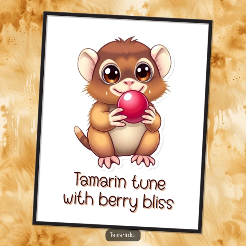 Funny Free Printable Wall Art: A delighted tamarin with wide eyes holds a shiny berry, radiating pure happiness.
