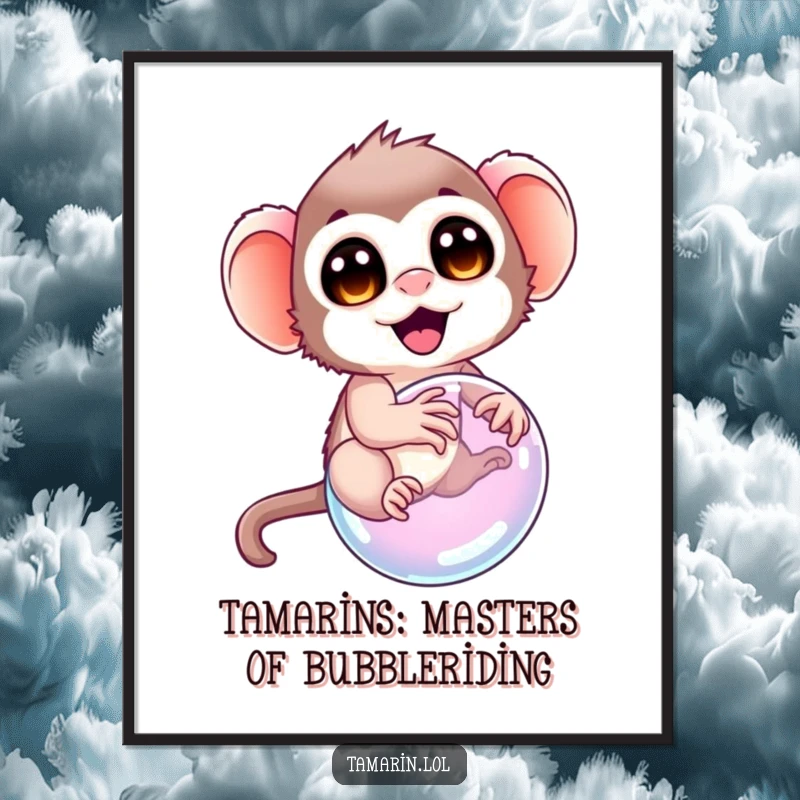 Funny Free Printable Wall Art: a tamarin with wide, amazed eyes attempting to ride a delicate, iridescent bubble, pure joy captured.