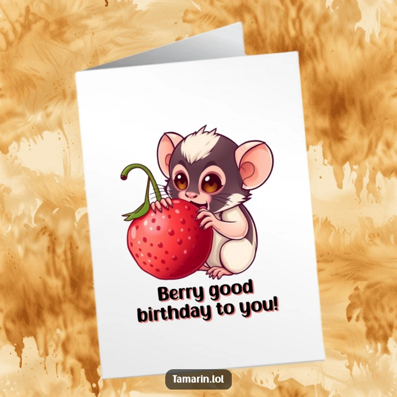 Funny Free Printable Birthday Card: Tamarin joyfully devours a giant, delicious berry, spreading birthday cheer.