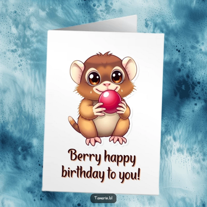 Funny Free Printable Birthday Card: Delighted tamarin clutches a shiny berry, ready to wish you a happy birthday.