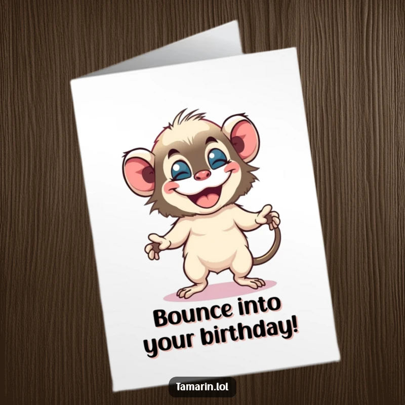 Funny Free Printable Tamarin Birthday Card: A joyful tamarin performs a silly, bouncy dance with an enormous, infectious grin, radiating pure birthday fun.