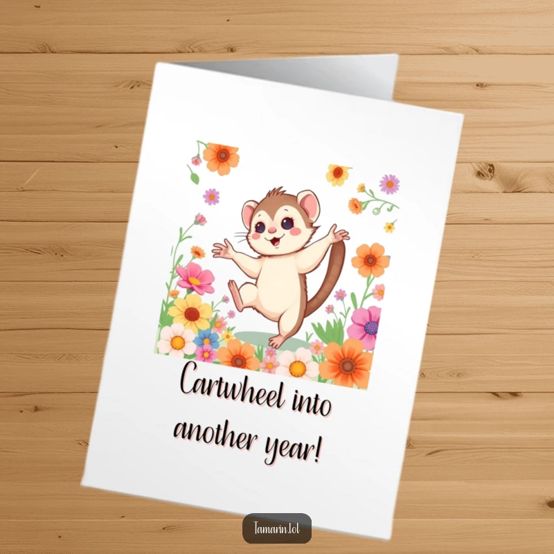 Free Printable Birthday Card: A cheerful tamarin with rosy cheeks does a cartwheel amidst a field of colorful flowers.