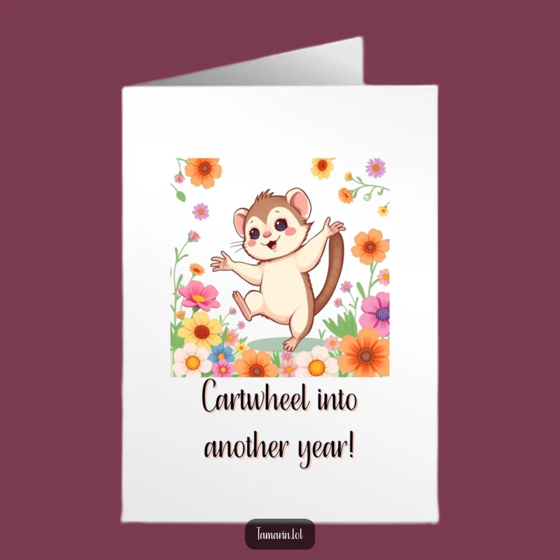 Free Printable Birthday Card: Rosy Tamarin Cartwheel Downloadable Fun Gift