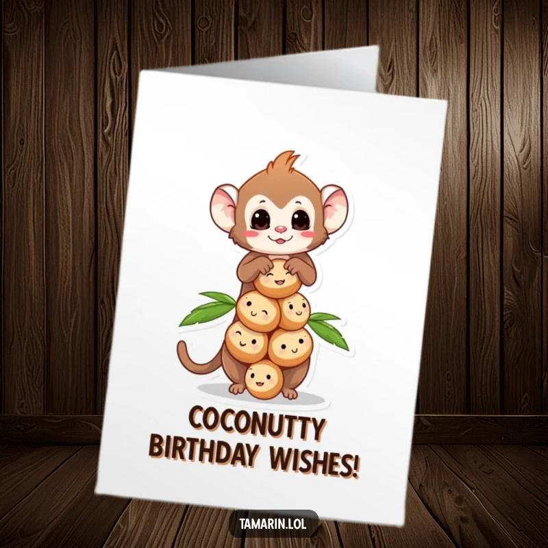 Funny Free Printable Birthday Card featuring a tamarin character skillfully balancing a tall stack of tiny, smiling coconuts.