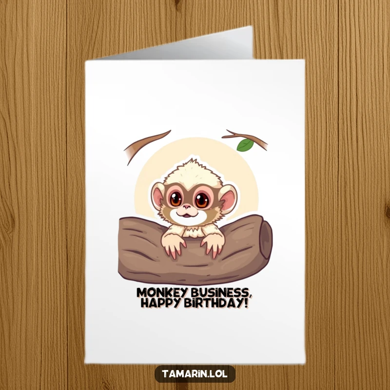 Funny Free Printable Birthday Card featuring a curious tamarin monkey peeking from a log, a playful and humorous greeting.